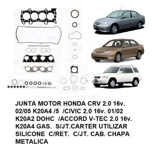 Junta De Motor Completo Honda Civic 2.0 16v 01/02 K20a2 Dohc