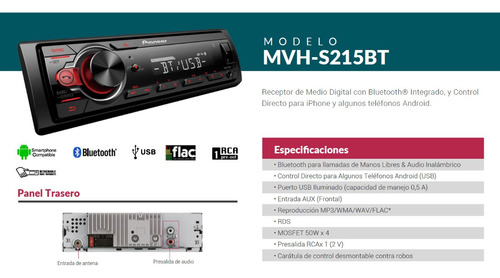 Estéreo para auto Pioneer MVH S215BT con USB y bluetooth