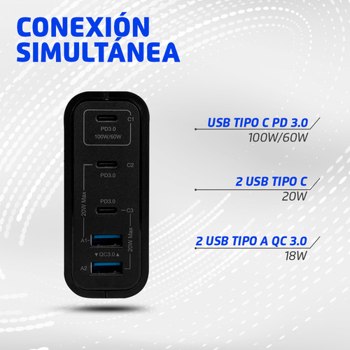 Cargador de Pared Vorago AU-600, 100W, 5 Puertos (3 USB-C y 2 USB-A), Carga Rápida PD 3.0 y QC 3.0, Compatible con Laptop, iPhone, Samsung, MacBook, Tablet, Ideal para Viaje, Oficina y Hogar
