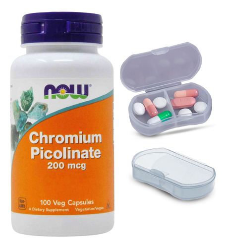 Picolinato Cromo 200mcg Now Foods 100cáps + Porta Cápsulas