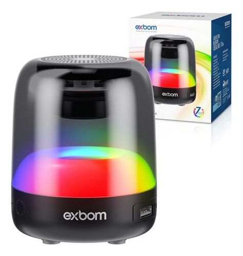 Caixa De Som Bluetooth 5.0 Cristal Rgb Micro Sd Aux 5w Exbom Cor Preto Bateria