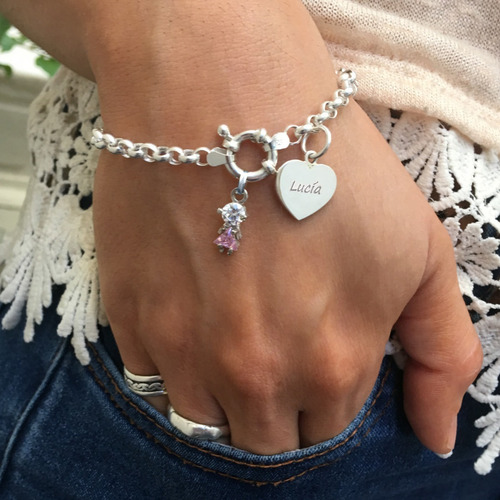 Pulsera Rolo Con Dije Nene Ó Nena Plata 925 Con Piedras