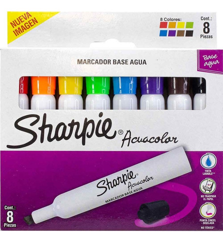 Marcador Sharpie Acuacolor Al Agua Punta Biselada X8 Colores