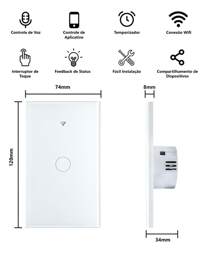 Interruptor Inteligente Smart 1 Tecla Touch Wifi Tuya Branco