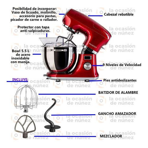 Imagen 3 de 7 de Batidora De Mesa Peabody 1200w Planetaria Amasa Mezcla