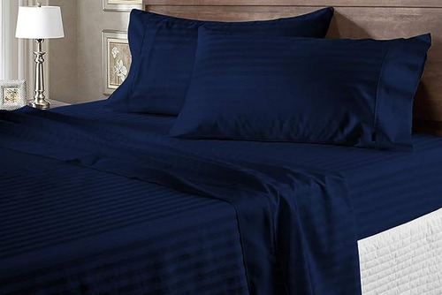 Imagen 2 de 4 de Juego Sábanas Microfibra Azul Oscuro Líneas Queen