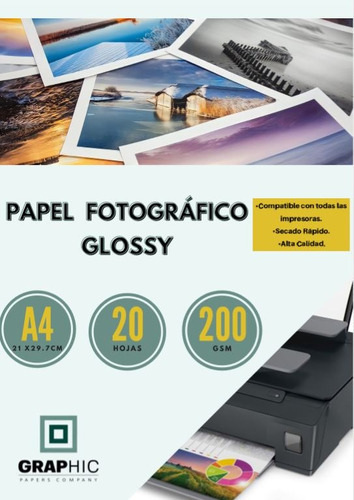 Papel Fotografico Glossy 200grs Tamaño A4 Paquete 20 Hojas