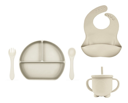 Plato Con Tapa + Cubiertos + Babero + Vaso Antiderrame