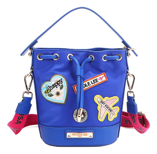 Bolsa De Jareta De Nicole Lee De Nylon Con Parches Ss25 Acabado de los herrajes Níquel Color Azul Correa de hombro Color Patch Diseño de la tela Color Patch