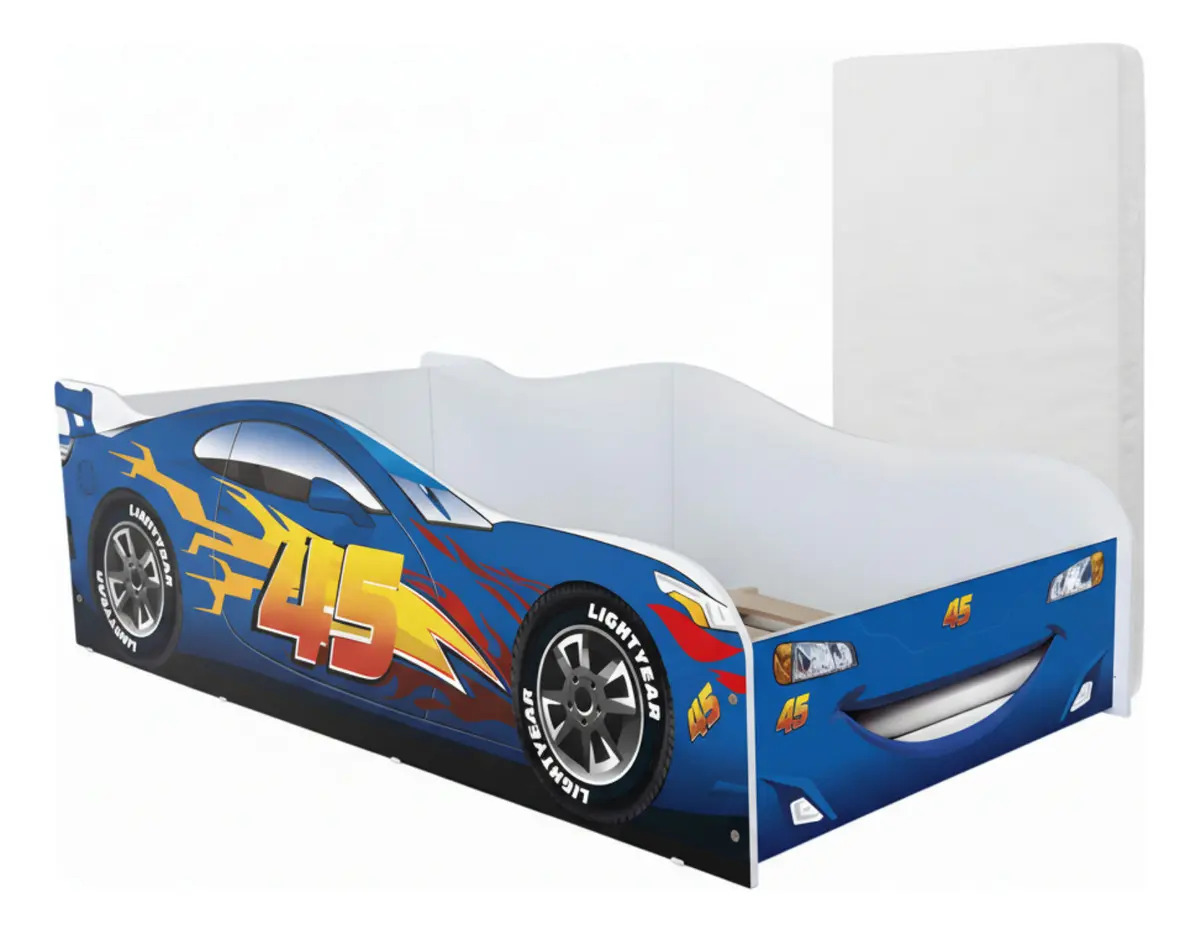 Cama Quarto Infantil Adesivada 100% Mdf Com Colchão Meninos Cor Carro Azul