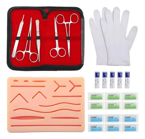 Kit de Sutura Profissional 25 Peças com Simulador de Pele 3 Camadas e Fios de Nylon e Seda para