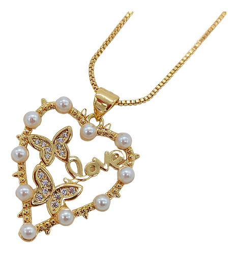 Collar Dije Corazon Perlas Blancas Oro Laminado Mujer Dama 