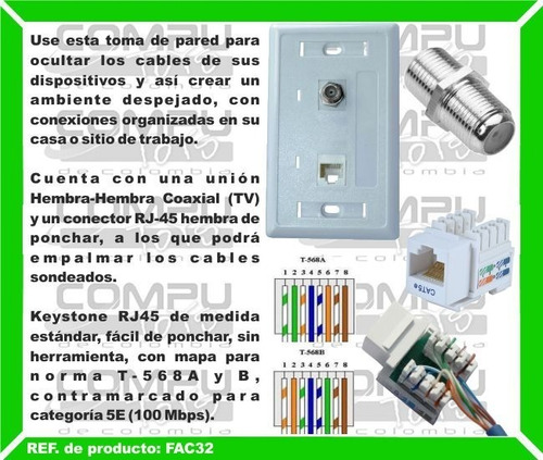 Imagen 3 de 6 de Rj-45 Cat5e+ 1coaxial Toma De Pared Ref: Fac32 Computoys Sas