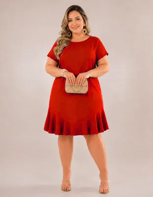 Vestido Plus Size Midi Babado Crepe Preto Terracota Gg G1 G2