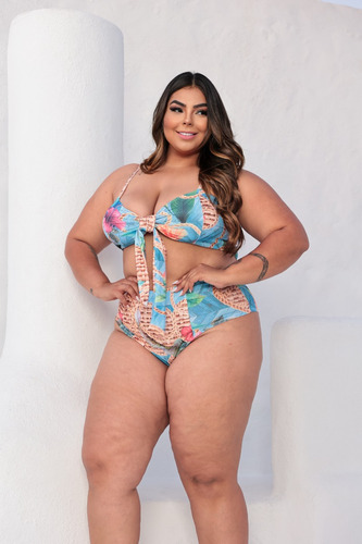 Hot Pant Biquini Estampado Plus Size Cintura Alta Com Bojo