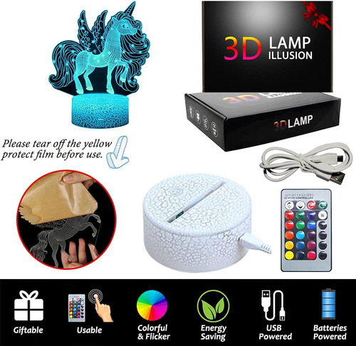 Luz Nocturna De Unicornio 3d, Lámpara De Ilusión Led Con Con