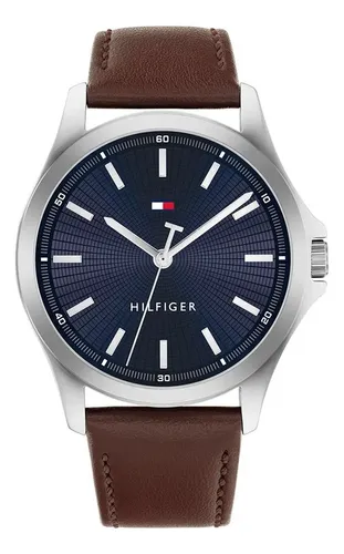 comprar Reloj Tommy Hilfiger Hombre Bruce Acero Cuero Malla Marrón Bisel Plateado Fondo Azul 1710669