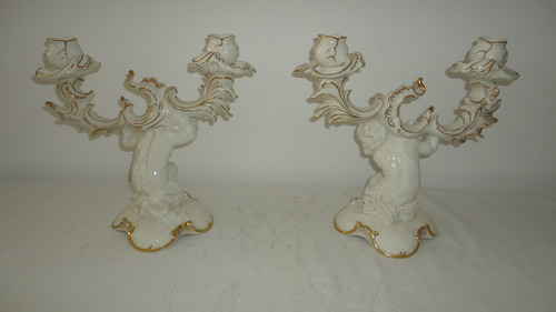 Raro Candelabro Aleman Rococo Muy Antiguo Con Querubin Vealo (Usado)