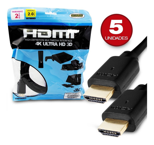 Imagem 1 de 6 de Cabo Hdmi 2 Metros 2.0 19 Pinos Ethernet 4k Ultrahd 3d 5pçs