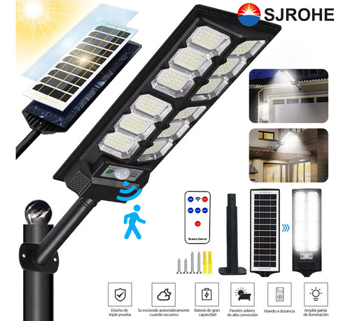 Sjrohe lampara solar exterior 1000w,luminaria led panel solar ,iluminacion exterior Luz Led Solar focos solares Con Mando A Distancia Y Sensor Movimiento, cubierta,garaje,pasillo,patio,jardín,porche
