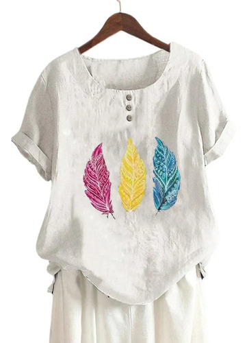 Camiseta Casual Holgada Con Estampado De Hojas En Mezcla De