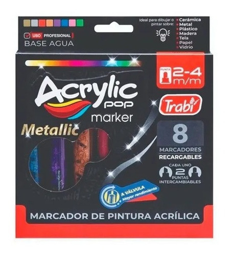 Pack X 8 Marcador Trabi Acrylic Pop Metalizado Punta 2-4 Mm