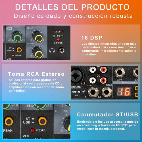 Mezclador 6 canales 16 Dsp Mezcladora de Sonido con 4 Entradas Mono Consola USB y Bluetooth Mixer Audio Alimentación Phantom de +48V Livehouse Karaoke