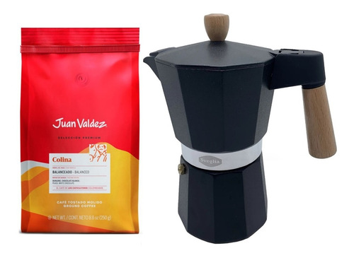 Café Juan Valdez 250 Gr Variedades + Cafetera Italiana 9 T