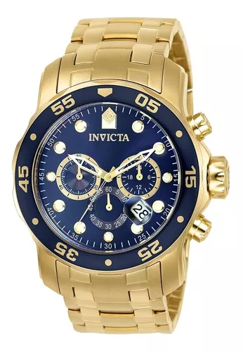 Reloj pulsera Invicta Pro Diver Scuba 0073 de cuerpo color dorado, analógico, para hombre, fondo azul, con correa de acero inoxidable dorado, color dorado y blanco, dial dorado y blanco,