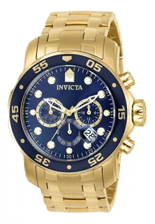Reloj de pulsera Invicta Pro Diver Scuba 0073 de cuerpo color dorado, analógico, para hombre, fondo azul, con correa de acero inoxidable color dorado, agujas color dorado y blanco, dial dorado y blanc
