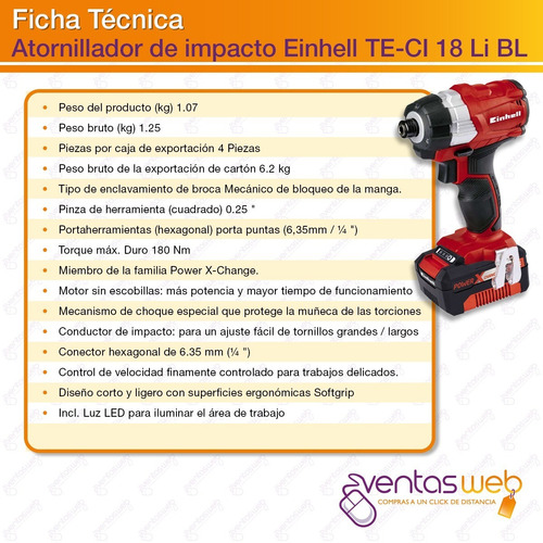 Atornillador De Impacto + Carg Bateria 18v 180 Nm Brushless