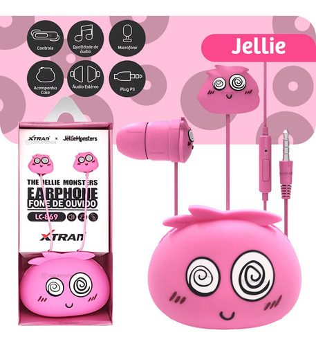 Fone Earphone Infantil In-ear Monstrinho Rosa Macio Com Fio