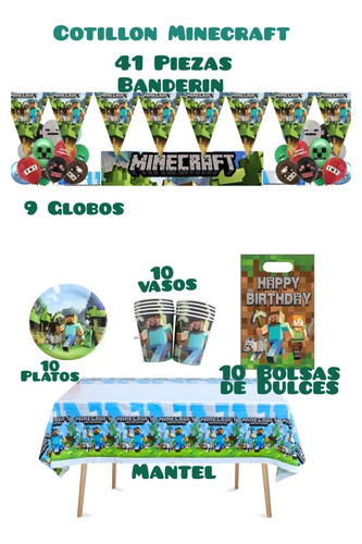 Cotillon Decoración Cumpleaños Minecraft 10 Niños Globos