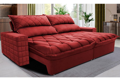 Sofá Retrátil 2,15m Pocket Cama Inbox Elegance. Velusoft Cor Vermelho