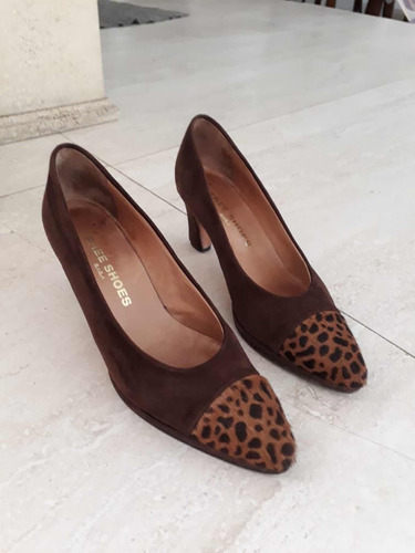 Zapatos De Gamuza Marrón Oscur Puntera Animal Print Talle 37