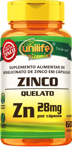 Zinco Quelato Zn 28mg Com 60 Cápsulas De 600mg - Unilife Vit