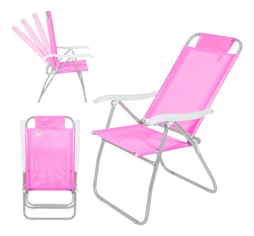 Cadeira De Praia Prosa Dobrável Alumínio 4 Posições Rosa