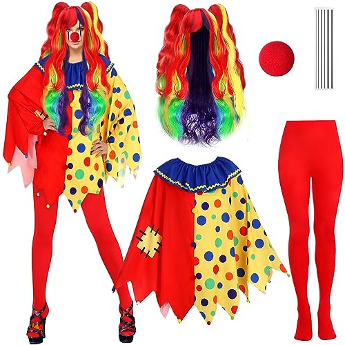 Disfraz Payaso Circo Halloween 5 Pzas Para Mujer Poncho Colorido Peluca Rizada Con Cola Doble Nariz Roja Tatuaje De Payaso Leggings Rojos