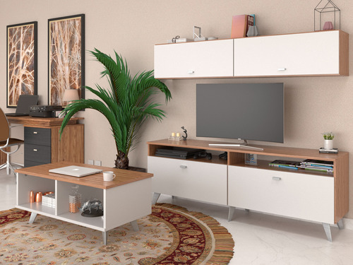 Mesa Tv Rack Nordico + Repisa Flotante + Mesa Ratona Living