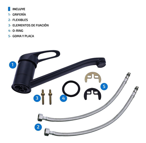 Imagen 6 de 8 de Grifo Cocina Monocomando Negro Canilla Griferia + Flexibles