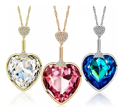 Precioso Collar Corazón De Swarovski Oro 14k Lam + Estuche Color Azul