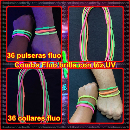 Combo 36 Pulseras Y 36 Collares Goma Cotillon Fluo Carioca