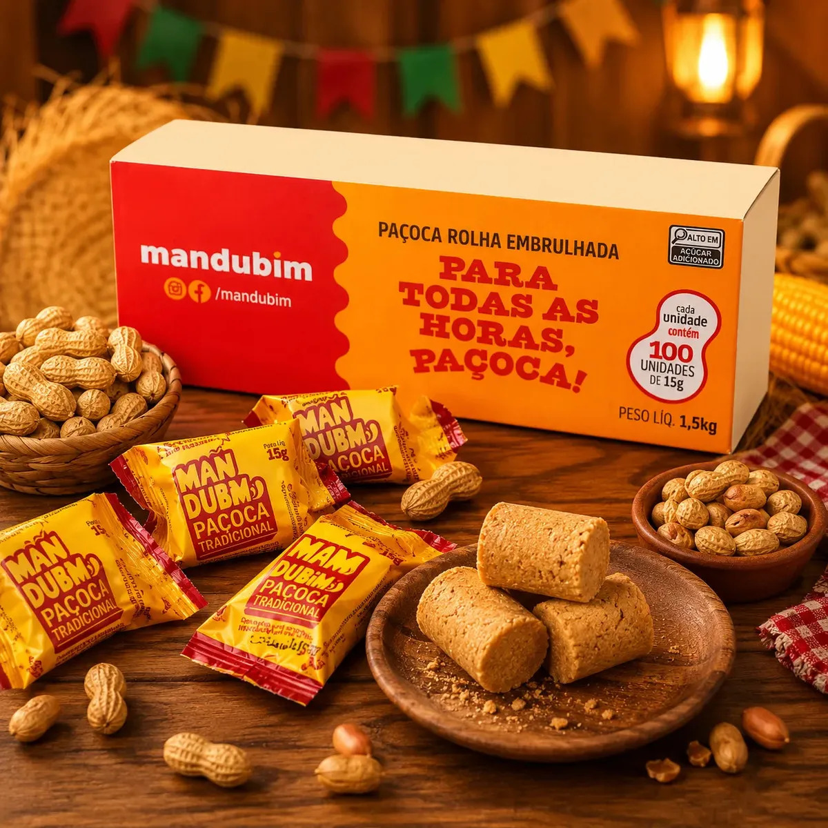 Paçoca Rolha Embrulhada Mandubim Caixa Com 100 Unidades 1,5kg
