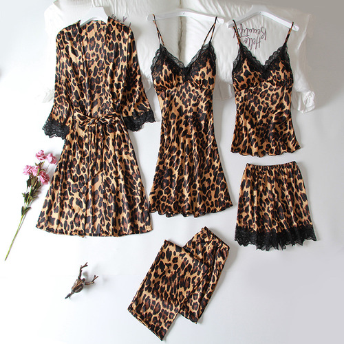 Set De 5 Pijamas Satinados Con Estampado De Leopardo Para Mu