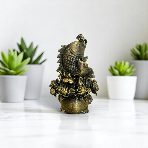 Figura De Pez Koi Fehg Shui Flores 15 Cm Oriental Almabuddha Oro Antiguo