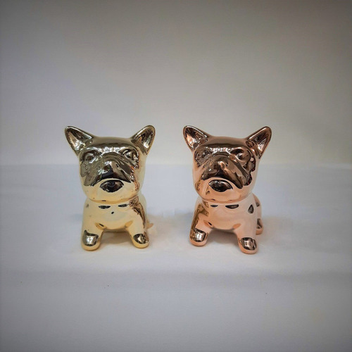Estátua Cachorro Escultura Porcelana Metalizada Kit Com 2