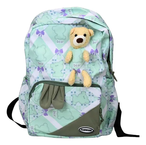 Mochila Infantil Peluche, Porta Botella Y Bolsillos De Tela Color Verde Claro Diseño De La Tela Patrones