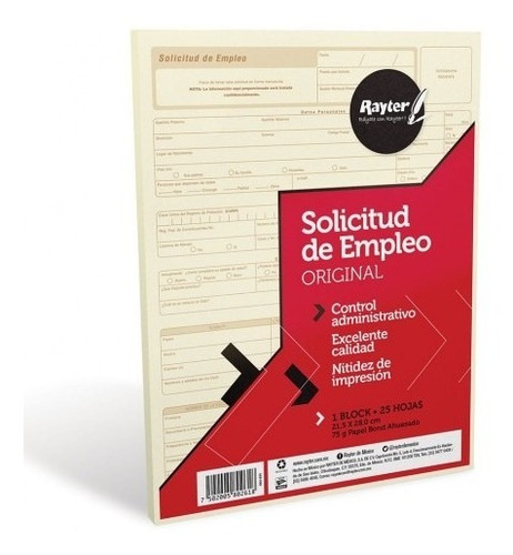 Block Solicitud De Empleo Tamaño Carta C/25 Hojas Rayter