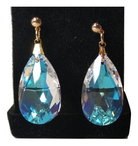 Par Brincos Folheado A Ouro Cristal Gota Swarovski Blue Ab