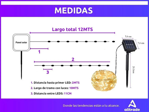 Imagen 5 de 10 de Luz Led Guirnalda Alambre Ext/ Int Efectos Calida Solar 12m